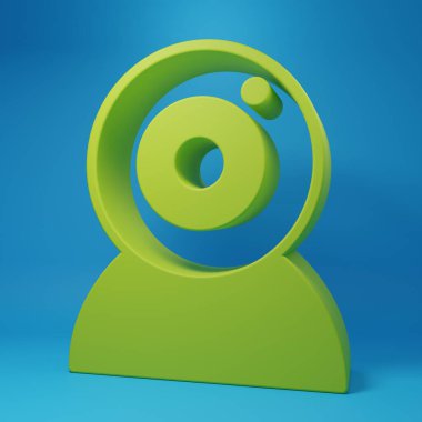 Mavi arkaplanda yeşil web kamera simgesi izole edildi. Sohbet kamerası. Web kamerası simgesi. Minimalizm kavramı. 3 Boyutlu resimleme.