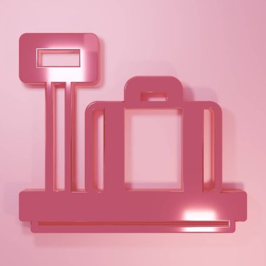 Pembe ölçekli pembe arka planda izole edilmiş bavul simgesi. Lojistik ve teslimat. Dağıtım paketinin ağırlığı bir ölçekte. Minimalizm kavramı. 3 Boyutlu resimleme.