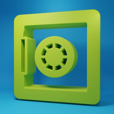 Green Safe icon isolated on blue background. The door safe a bank vault with a combination lock. Reliable Data Protection. Minimalism concept. 3D render illustration.