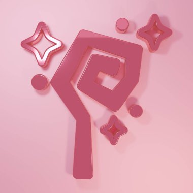 Pembe Sihirli asa simgesi pembe arka planda izole edilmiş. Sihirli değnek, asa, değnek, değnek. Minimalizm kavramı. 3 Boyutlu resimleme.
