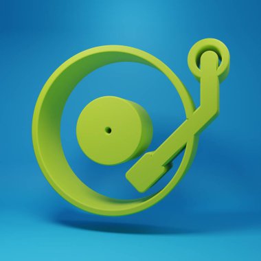Green Vinyl player with a vinyl disk icon isolated on blue background. Minimalism concept. 3D render illustration.