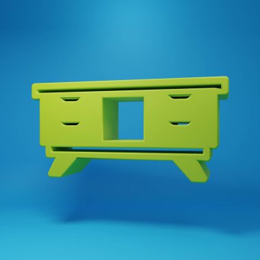 Green TV table stand icon isolated on blue background. Minimalism concept. 3D render illustration.