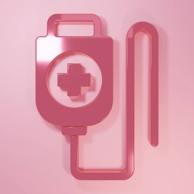 Pembe serum torbası ikonu pembe arka planda izole edilmiş. Kan torbası. Kan bağışı konsepti. Tedavi ve terapi kavramı, kemoterapi. Minimalizm kavramı. 3 Boyutlu resimleme.