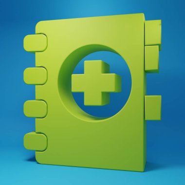 Green Medical clipboard with clinical record icon isolated on blue background. Prescription, medical check marks report. Minimalism concept. 3D render illustration.