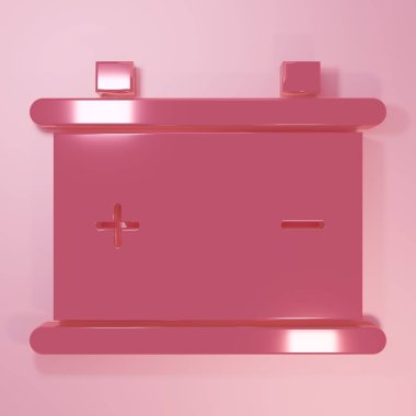 Pembe araba akü ikonu pembe arka planda izole edilmiş. Akümülatör bataryası enerji ve elektrik akümülatörü bataryası. Minimalizm kavramı. 3 Boyutlu resimleme.