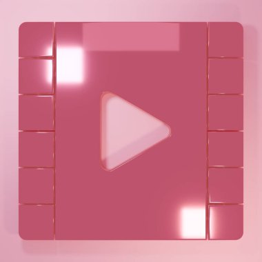 Pink Play Video icon isolated on pink background. Film strip with play sign. Minimalism concept. 3D render illustration.