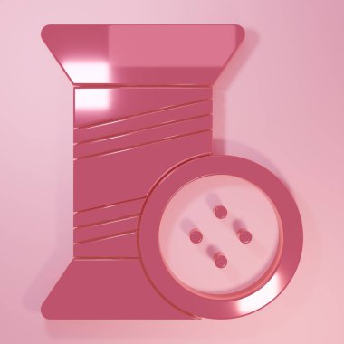 Pink Sewing thread on spool and button icon isolated on pink background. Yarn spool. Thread bobbin. Minimalism concept. 3D render illustration.