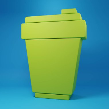 Green Fitness shaker icon isolated on blue background. Sports shaker bottle with lid for water and protein cocktails. Minimalism concept. 3D render illustration.