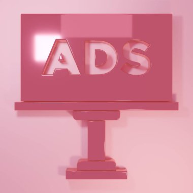 Pembe reklam simgesi pembe arkaplanda izole edilmiş. Pazarlama ve tanıtım süreci kavramı. İlgili reklamlar. Sosyal medya reklamcılığı. Minimalizm kavramı. 3 Boyutlu resimleme.