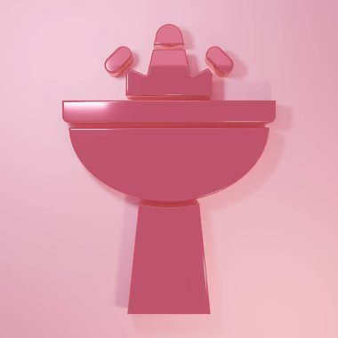 Pembe arka planda su musluğu ikonu olan pembe lavabo. Minimalizm kavramı. 3 Boyutlu resimleme.