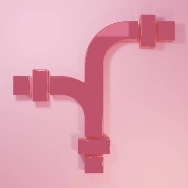 Pembe Endüstri metalik boru ikonu pembe arka planda izole edilmiş. Tesisat boru hattının farklı şekillerde parçaları. Minimalizm kavramı. 3 Boyutlu resimleme.