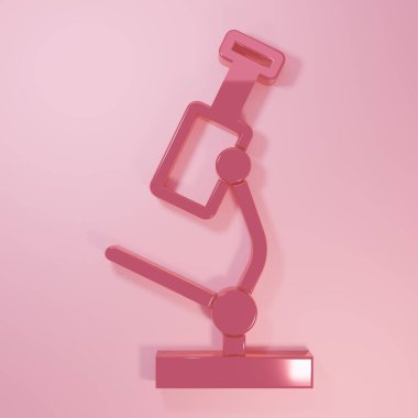 Pembe mikroskop simgesi pembe arka planda izole edilmiş. Kimya, ilaç aleti, mikrobiyoloji büyütme aracı. Minimalizm kavramı. 3 Boyutlu resimleme.