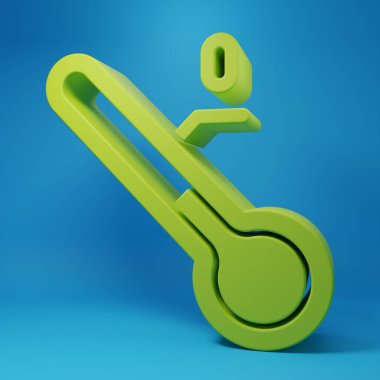 Green Meteorology thermometer measuring icon isolated on blue background. Thermometer equipment showing hot or cold weather. Minimalism concept. 3D render illustration.