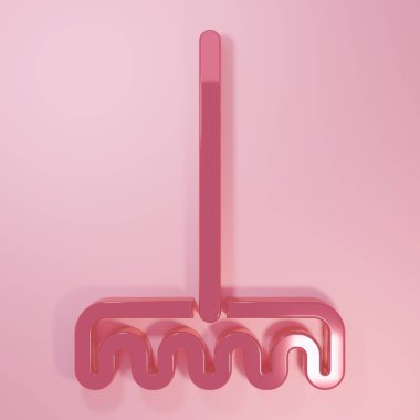Pink Garden rake icon isolated on pink background. Tool for horticulture, agriculture, farming. Ground cultivator. Housekeeping equipment. Minimalism concept. 3D render illustration.