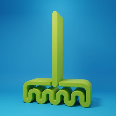 Green Garden rake icon isolated on blue background. Tool for horticulture, agriculture, farming. Ground cultivator. Housekeeping equipment. Minimalism concept. 3D render illustration.
