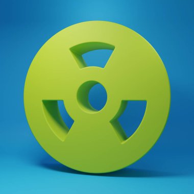 Green Radioactive icon isolated on blue background. Radioactive toxic symbol. Radiation Hazard sign. Minimalism concept. 3D render illustration.