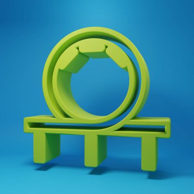 Mavi arka planda yeşil lunapark treni simgesi izole edildi. Eğlence parkı. Çocuklar için eğlence parkı, eğlence parkı. Minimalizm kavramı. 3 Boyutlu resimleme.