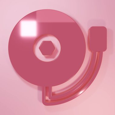 Pembe zil simgesi pembe arka planda izole edilmiş. Yangın alarmı. Servis zili, el zili işareti, uyarı sembolü. Minimalizm kavramı. 3 Boyutlu resimleme.