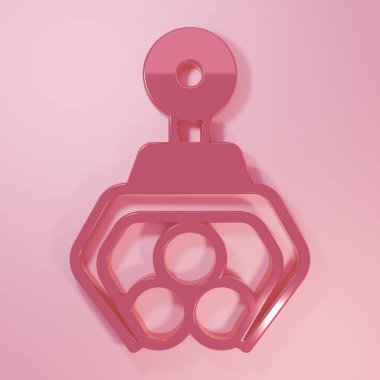 Pink Grapple crane grabbed a log icon isolated on pink background. Forest industry. Industrial crane for lumber trunk wood production. Minimalism concept. 3D render illustration.