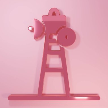 Pembe uydu anteni simgesi pembe arkaplanda izole edilmiş. Radyo anten, astronomi ve uzay araştırması. Minimalizm kavramı. 3 Boyutlu resimleme.
