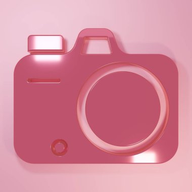 Pembe fotoğraf makinesi simgesi pembe arkaplanda izole edilmiş. Foto kamera. Dijital fotoğrafçılık. Minimalizm kavramı. 3 Boyutlu resimleme.