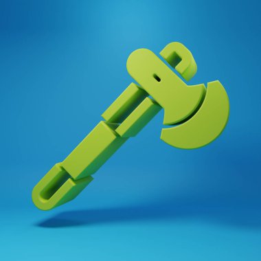 Green Wooden axe icon isolated on blue background. Lumberjack axe. Minimalism concept. 3D render illustration.