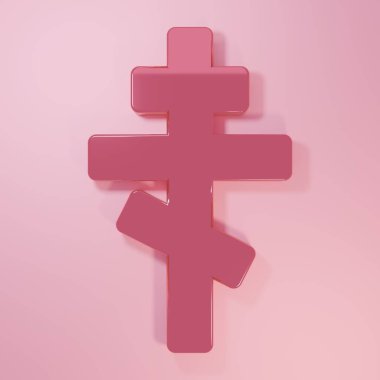Pembe Hıristiyan haç simgesi pembe arka planda izole edilmiş. Kilise haçı. Minimalizm kavramı. 3 Boyutlu resimleme.
