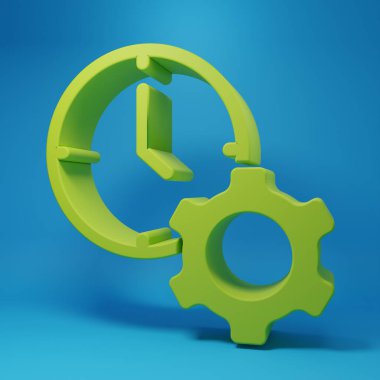 Yeşil Zaman Yönetimi simgesi mavi arkaplanda izole edildi. Saat ve vites tabelası. Üretkenlik sembolü. Minimalizm kavramı. 3 Boyutlu resimleme.