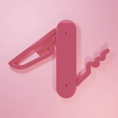 Pembe İsviçre çakısı ikonu pembe arka planda izole edilmiş. Çoklu alet, çok amaçlı çakı. Çok fonksiyonlu bir alet. Minimalizm kavramı. 3 Boyutlu resimleme.