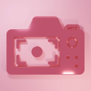 Pembe fotoğraf makinesi simgesi pembe arkaplanda izole edilmiş. Foto kamera. Dijital fotoğrafçılık. Minimalizm kavramı. 3 Boyutlu resimleme.