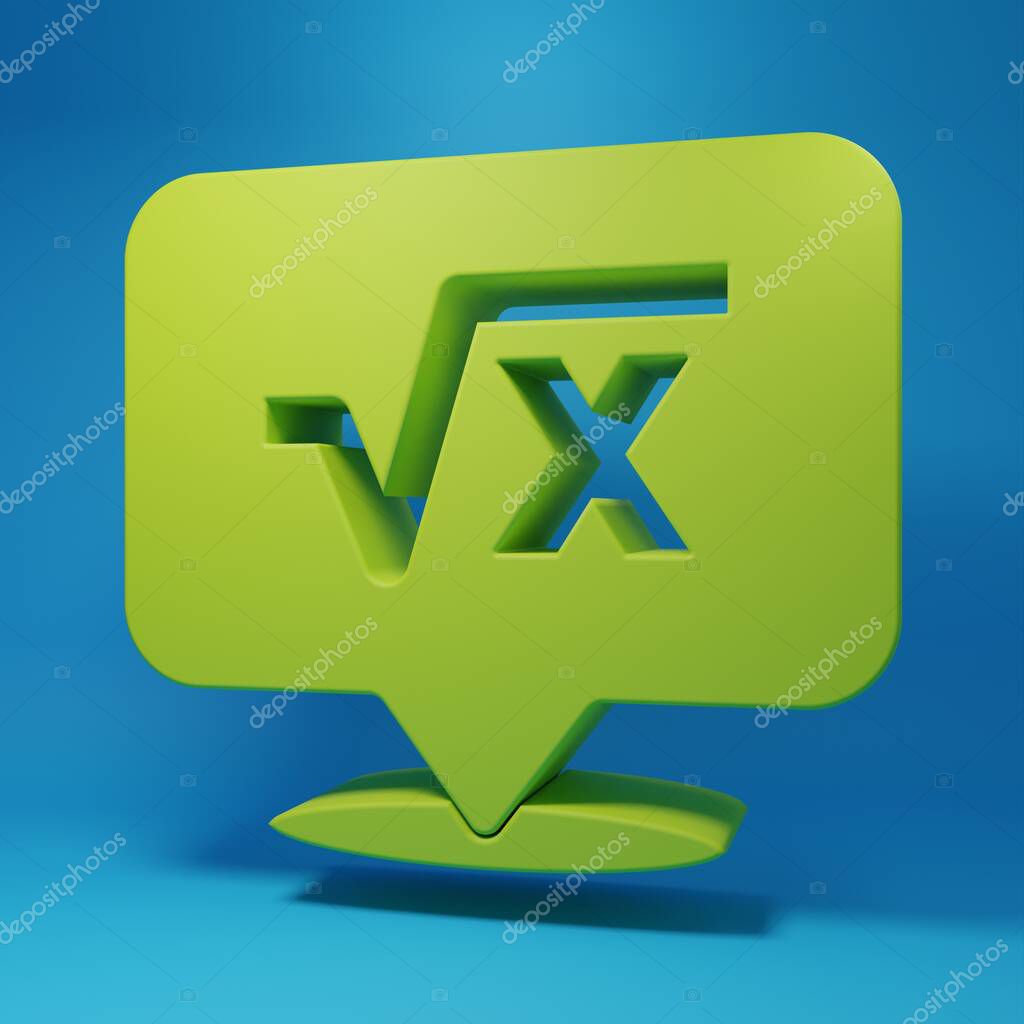Green Square root of x glyph icon isolated on blue background. Mathematical expression. Minimalism concept. 3D render illustration.