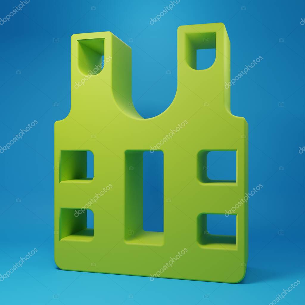 Green Bulletproof vest for protection from bullets icon isolated on blue background. Body armor sign. Military clothing. Minimalism concept. 3D render illustration.