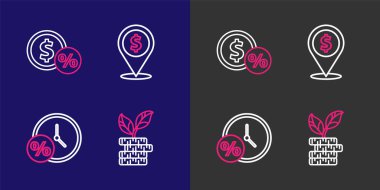 Hat, dolar fabrikası, saat ve yüzde, nakit konum ve ikonlu para madeni para. Vektör.