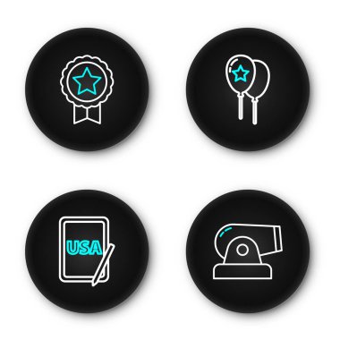 Çizgi Cannon USA grafik balonları ve yıldız ikonlu madalyayı ayarlayın. Vektör.