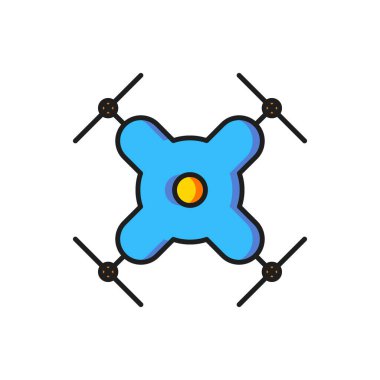 Renkli Drone uçan ikonu beyaz arkaplanda izole edildi. Video ve fotoğraf makinesi sembollü dörtlü helikopter. Düz çizgili, gölgeli. Vektör.