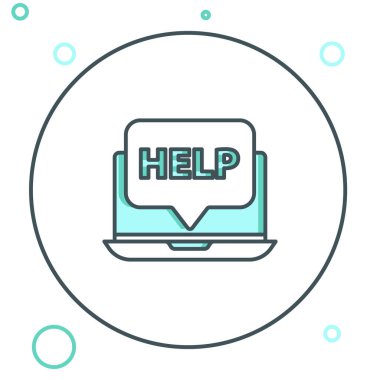 Satır dizüstü bilgisayarı ve beyaz arkaplanda izole edilmiş simgeye yardım et. Ayarlama, servis, ayar, bakım, onarım, onarım. Renkli taslak konsepti. Vektör.