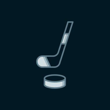 Buz hokeyi sopası ve disk ikonu siyah arka planda izole edilmiş. Düz çizgili, gölgeli. Vektör.