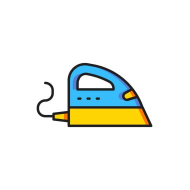 Beyaz arkaplanda izole edilmiş renkli elektrikli demir ikonu. Buhar ütüsü. Düz çizgili, gölgeli. Vektör.