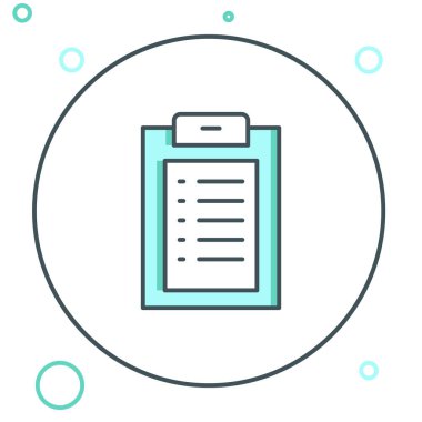 Beyaz arka planda izole edilmiş klinik kayıt simgesine sahip Line Medikal panosu. Sağlık sigortası formu. Reçete, tıbbi kontrol işaretleri raporu. Renkli taslak konsepti. Vektör.