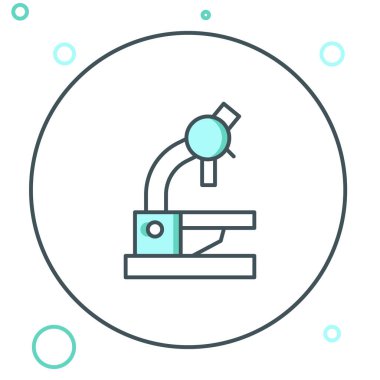 Beyaz arkaplanda çizgi mikroskobu simgesi izole edildi. Kimya, ilaç aleti, mikrobiyoloji büyütme aracı. Renkli taslak konsepti. Vektör.