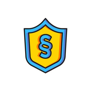 Beyaz arka planda izole edilmiş kalkan ikonundaki renk adaleti kanunu. Düz çizgili, gölgeli. Vektör.