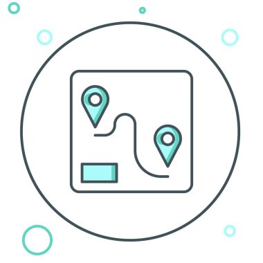 Satır Rotası konumu simgesi beyaz arkaplanda izole edildi. Tren yolu güzergahının başlangıç noktası GPS ve tire çizgisi olan yolu. Renkli taslak konsepti. Vektör.