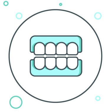 Beyaz arkaplanda sahte çene simgesi izole edildi. Diş çene ya da takma dişler, kesici dişli takma dişler. Renkli taslak konsepti. Vektör.