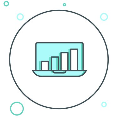 Grafik çizelgesi simgesine sahip dizüstü bilgisayar beyaz arkaplanda izole edildi. Metin dosya simgesini rapor et. Muhasebe tabelası. Denetim, analiz, planlama. Renkli taslak konsepti. Vektör.