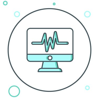 Beyaz arkaplanda kardiyogram simgesi olan çizgi bilgisayar monitörü izole edildi. Simge denetleniyor. Kalp atışı elle çizilmiş EKG monitörü. Renkli taslak konsepti. Vektör.