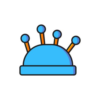 Beyaz arka planda renkli iğne ve iğne ikonu izole edildi. El yapımı ve dikiş teması. Düz çizgili, gölgeli. Vektör.