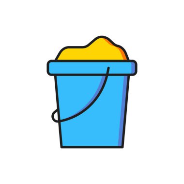 Beyaz arkaplanda izole edilmiş kova simgesindeki renkli kum. Plastik çocuk oyuncağı. Yaz ikonu. Düz çizgili, gölgeli. Vektör.
