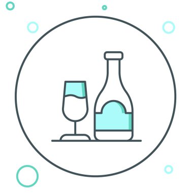 Beyaz zemin üzerinde cam ikon bulunan çizgi şarap şişesi. Renkli taslak konsepti. Vektör.