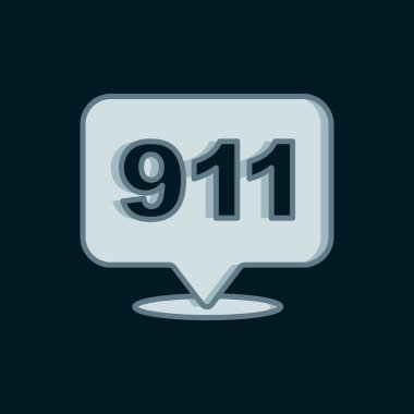 Acil durum ikonunu içeren hat telefonu siyah arkaplanda izole edildi. Polis, ambulans, itfaiye, çağrı, telefon. Düz çizgili, gölgeli. Vektör.