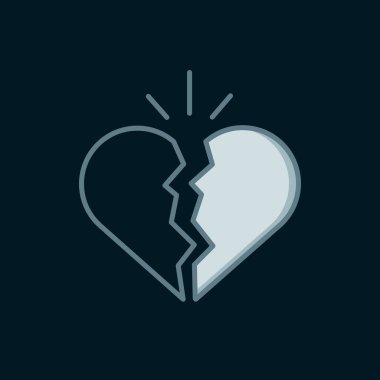 Kırık kalp ya da boşanma simgesi siyah arka planda izole edilmiş. Aşk sembolü. Sevgililer Günü. Düz çizgili, gölgeli. Vektör.